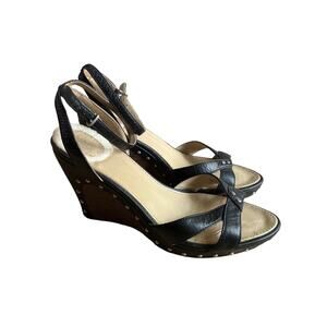 UGG Black Leather Ankle Strap Studded Wedge Heel Summer Sandals Size 8.5